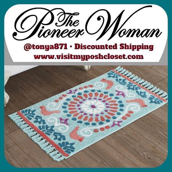 🦋 New Pioneer Woman Mazie Medallion Tassel Mint Cotton Bath Rug, 20" x 32" - Picture 1 of 7